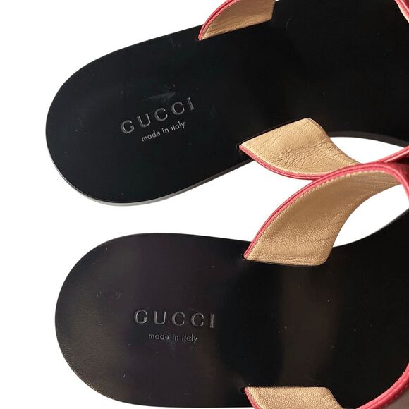 Gucci Marmont GG Logo T-Strap Thong Sandals Red Leather Flats EU 37 US 7 - Picture 8 of 11